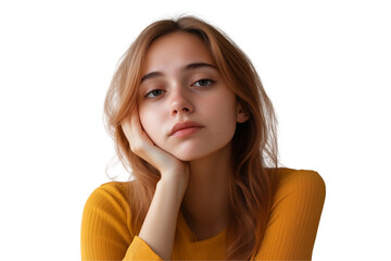 A young woman with a sad expression, isolated on a transparent background.