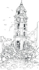 Obraz premium Black and white line art of a clock tower standing amid rubble and ruins after destruction in an urban setting