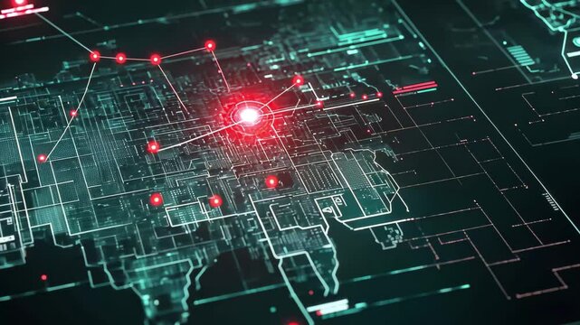 Cyber attack network view illustrating widespread digital infiltration and threat detection, Network view of widespread cyber attack CGI
