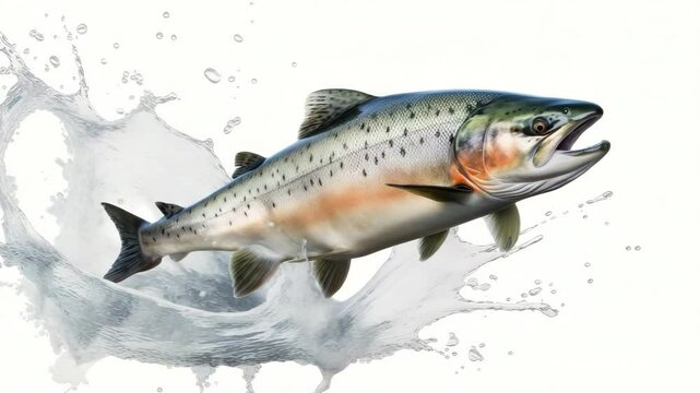 Large salmon or trout with splash of water on white background.