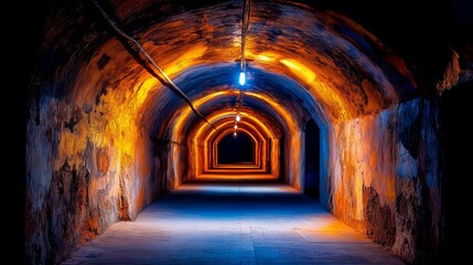 Obraz premium Eerie, a mysterious tunnel beckons, illuminated by warm, flickering lights, suggesting adventure or a hidden past, perfect for fantasy, horror, or dramatic storytelling.