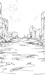 Black and white line drawing of a river flowing through rocky cliffs with abandoned ruins on both sides.