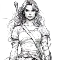 A black and white line drawing of a female ancient warrior in comic style with a female body.