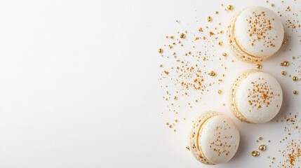 Three white macarons on a white background. the macaroons are arranged in a triangular formation, with the largest one in the center and two smaller ones on either side.