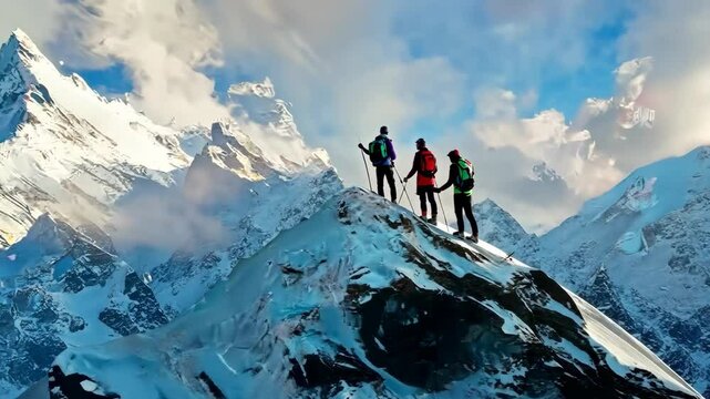 Adventurous hikers conquer snowy mountain peaks under vibrant sky