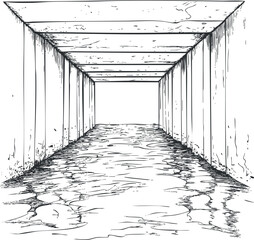 Black and white sketch of an empty underground tunnel with textured walls and floor in perspective view