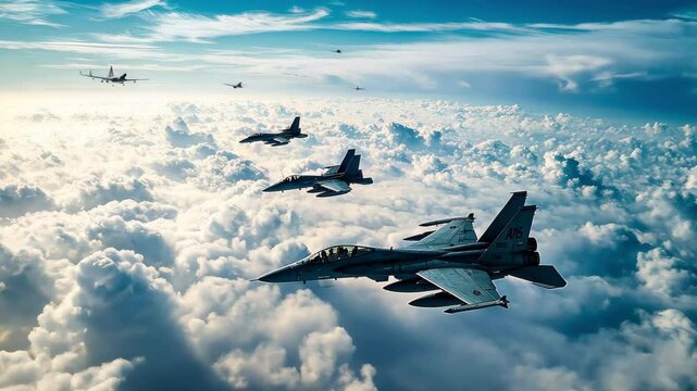 Fighter jets soar above clouds in clear blue skies during training exercise, An aerial view of unbranded military fighter jets flying over cumulus clouds