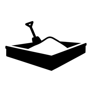 recommend clip art: Black and white illustration of a sandbox with a shovel inside