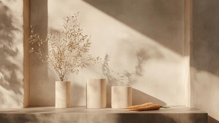 Corner of a room with a concrete wall and a wooden shelf. on the shelf, there are three white vases with dried flowers in them.