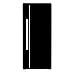 Stylized graphic illustration of a sleek, modern, black refrigerator with white handle