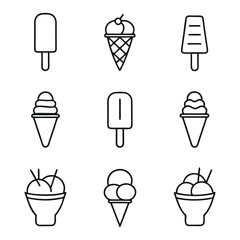 Minimal Ice Cream Icon Set in Line Art,  
Black and White Ice Cream Outline Vectors,
Summer Frozen Food Doodle Icons Bundle.  