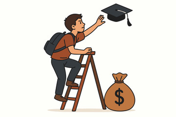 Ambitious student with backpack climbs ladder to reach graduation cap, representing the financial investment and high cost associated with achieving academic success, vector art.