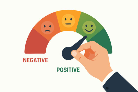 Hand turning mood meter indicator from negative sad face to positive happy face, illustrating mindset shift, optimism boost, customer satisfaction improvement, and feedback concept.