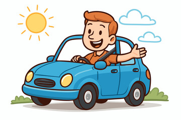 Cheerful young man enjoys a sunny day drive in his compact blue car, smiling and waving enthusiastically. Vector graphic representing happy travels, commuting, and driving enjoyment.