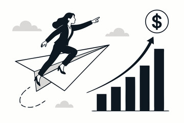 Fototapeta premium Business growth concept vector illustration. Successful businesswoman leader flying on paper plane, aiming for financial goals shown by rising bar chart and dollar symbol. Ambition journey.
