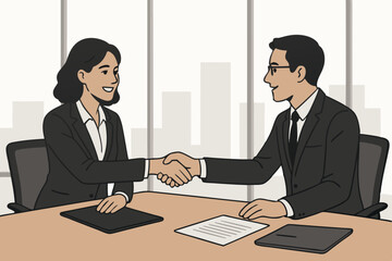Professional man and woman shaking hands after a successful job interview or business meeting in a city office, vector art symbolizing agreement, hiring, partnership, and career growth.