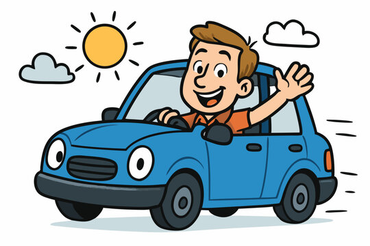 Happy cartoon man waving while driving his blue car on a sunny day, cheerful character enjoying a road trip or commute, simple flat vector illustration for transportation concepts.