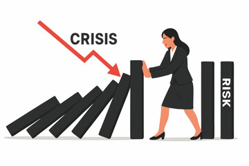 Fototapeta premium Strategic intervention in business crisis, businesswoman actively managing risk by halting the domino effect, ensuring stability and resilience through proactive management vector art.