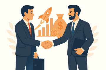 Fototapeta premium Vector illustration of businessmen shaking hands, finalizing a successful merger or partnership, symbolizing startup growth, investment funding, and financial success concept.