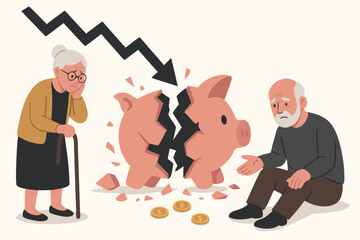 Retirement crisis vector illustration shows sad elderly couple with shattered piggy bank, financial loss, economic decline symbol, poverty and despair among seniors concept.