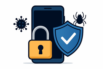 Secure smartphone defense illustration featuring mobile phone with protective shield, padlock lock, guarding against virus and malware bug icons. Concept of cybersecurity and privacy.