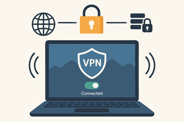 Flat vector graphic depicting a laptop with an active VPN connection ensuring secure online browsing, data encryption, internet privacy, and cybersecurity protection concept.
