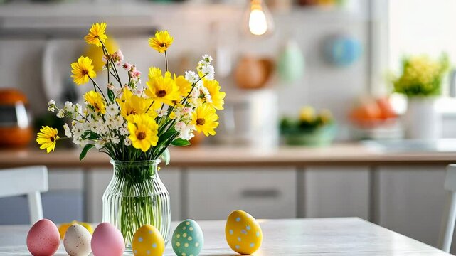 Vibrant spring flowers and decorative eggs on kitchen table with soft lighting