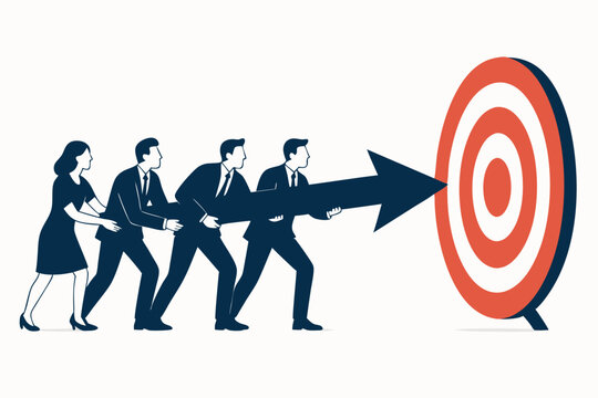Collaborative Effort Towards Business Goals: Vector graphic of a corporate team carrying an arrow to hit the center of a target, illustrating partnership, focus, and targeting success.