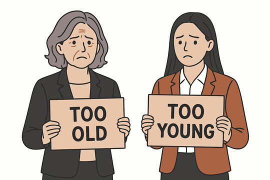 Vector graphic showing age discrimination concept with unhappy older and younger women holding 'Too Old' and 'Too Young' signs, representing workplace bias and societal prejudice.