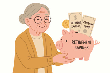 Secure future concept with smiling elderly grandmother holding pink piggy bank containing retirement savings, pension fund money, and dollar coin vector graphic illustration.
