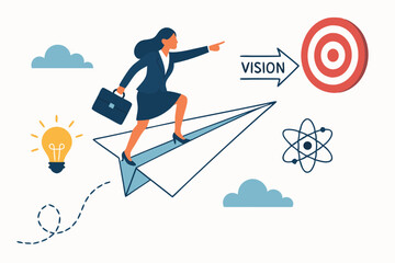 Vector illustration of a businesswoman on a paper plane aiming for her vision target. Concept of innovation, career ambition, goal setting, leadership, and business strategy.