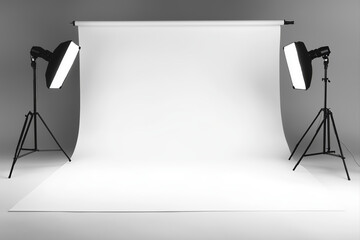 Empty photo studio with white backdrop and lighting equipment ready for shooting