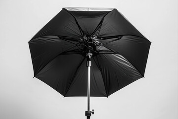 Black umbrella open showing its frame on white background