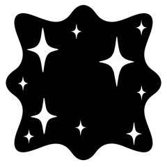 Black irregular blob shape with shining stars scattered within the dark void