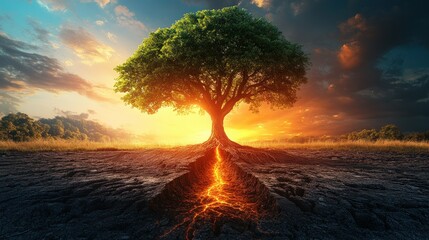 Majestic tree rooted in fiery earth, vibrant sunset