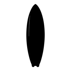 A stark black silhouette of a modern surfboard against a white background