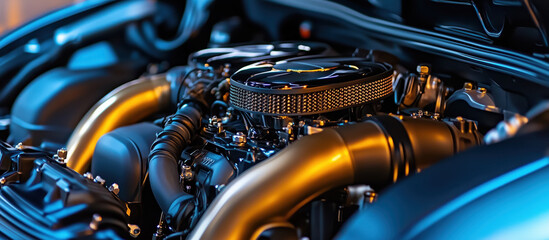 Powerful car engine showing its golden pipes and air filter