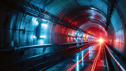 Particle accelerator tunnel with charged particles emitting trails of light