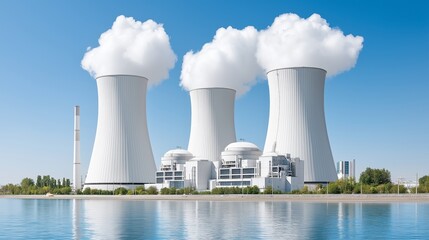 Obraz premium Power Plants Generate Energy For A Sustainable FutureIndustrial Cooling Towers Release Steam Into Blue Skies