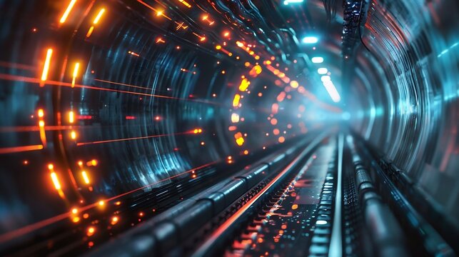 Particle accelerator tunnel with charged particles emitting trails of light
