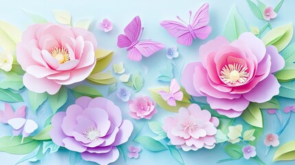 Delicate paper flowers and butterflies create a pastel spring scene.