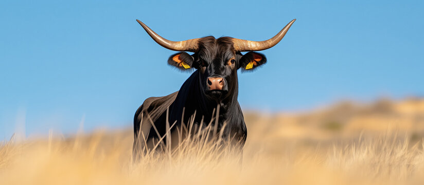 Sayaguesa bull standing in dry grassland under blue sky