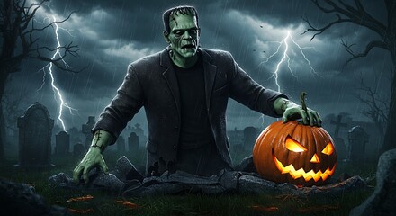 Classic monster with jack-o'-lantern in graveyard scene