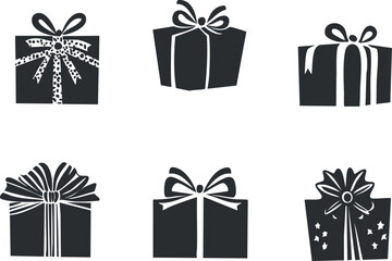 Black and white silhouette icons of six gift boxes with ribbons and bows for celebrations and holidays