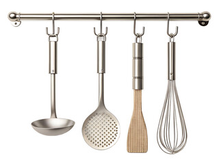 Metal kitchen utensils hanging on a stainless steel rack on transparent background