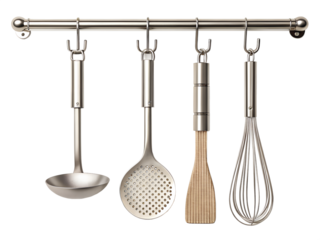 Metal kitchen utensils hanging on a stainless steel rack on transparent background
