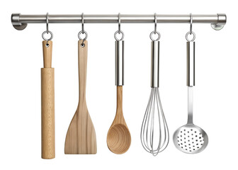 Kitchen utensils hanging on a metal rack on transparent background