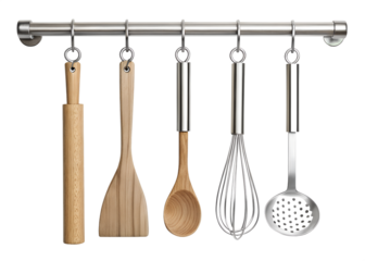 Kitchen utensils hanging on a metal rack on transparent background