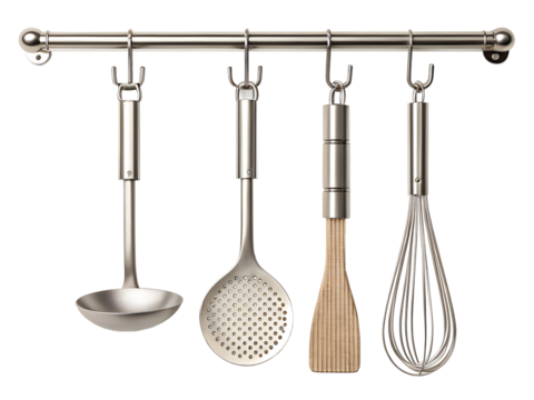 Metal kitchen utensils hanging on a stainless steel rack on transparent background