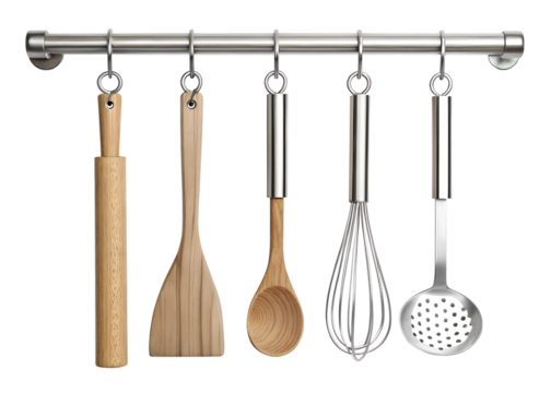 Kitchen utensils hanging on a metal rack on transparent background